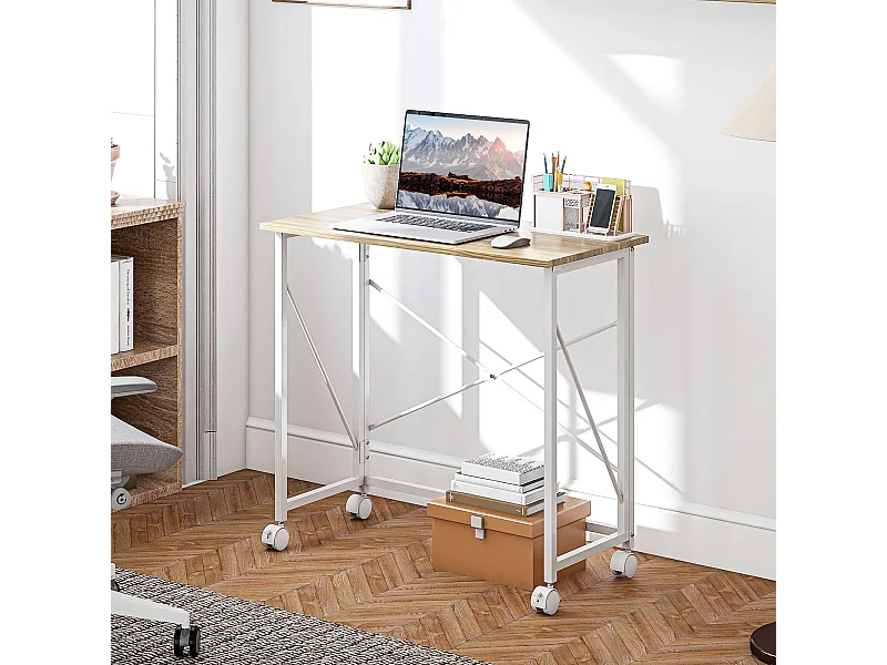 Scrivania pieghevole salvaspazio con 4 ruote con freno colore legno