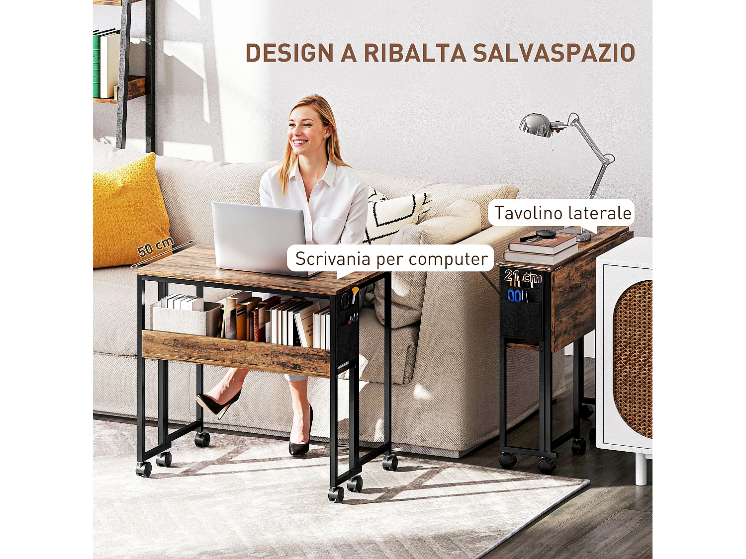 Scrivania pieghevole con ripiano aperto e tasca laterale marrone nero