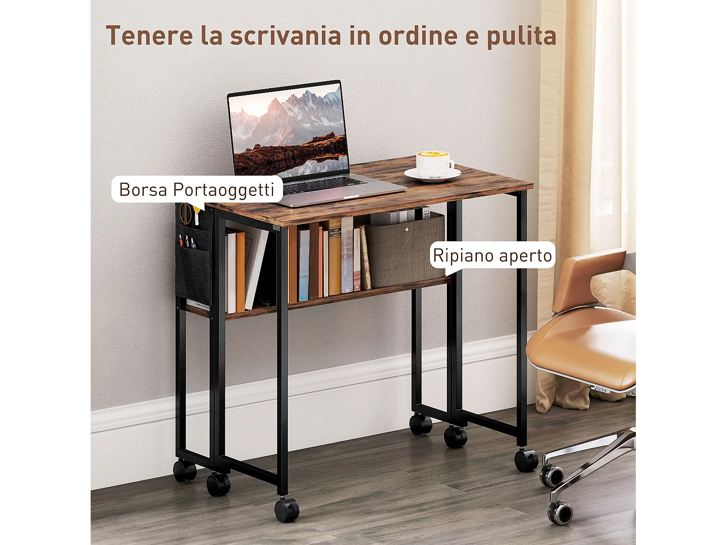 Scrivania pieghevole con ripiano aperto e tasca laterale marrone nero