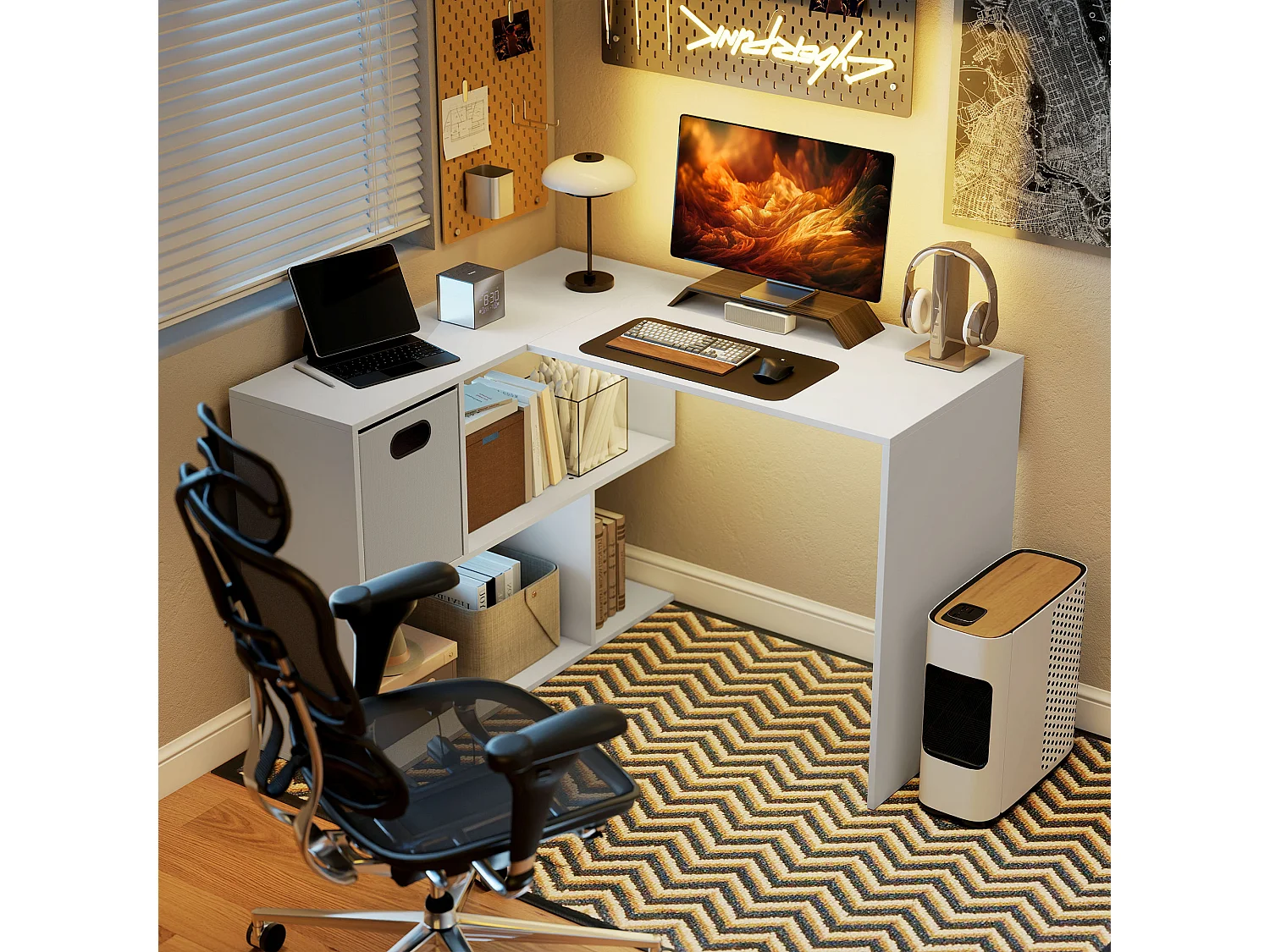 Scrivania angolare moderna con scaffale e cassetto in tessuto bianco