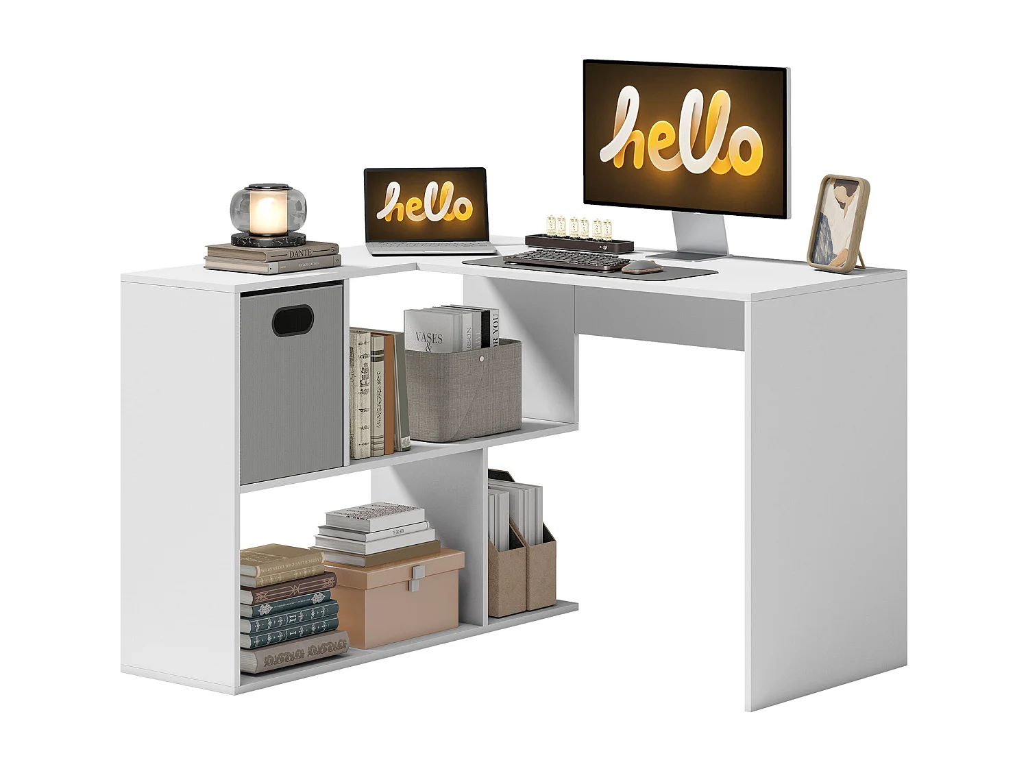 Scrivania angolare moderna con scaffale e cassetto in tessuto bianco