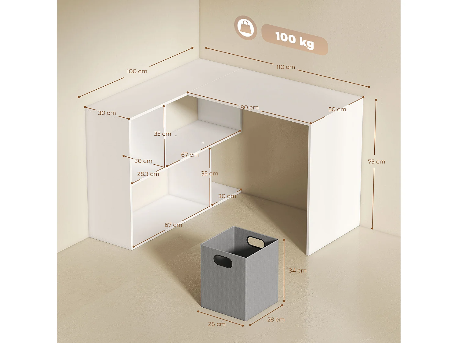 Scrivania angolare moderna con scaffale e cassetto in tessuto bianco