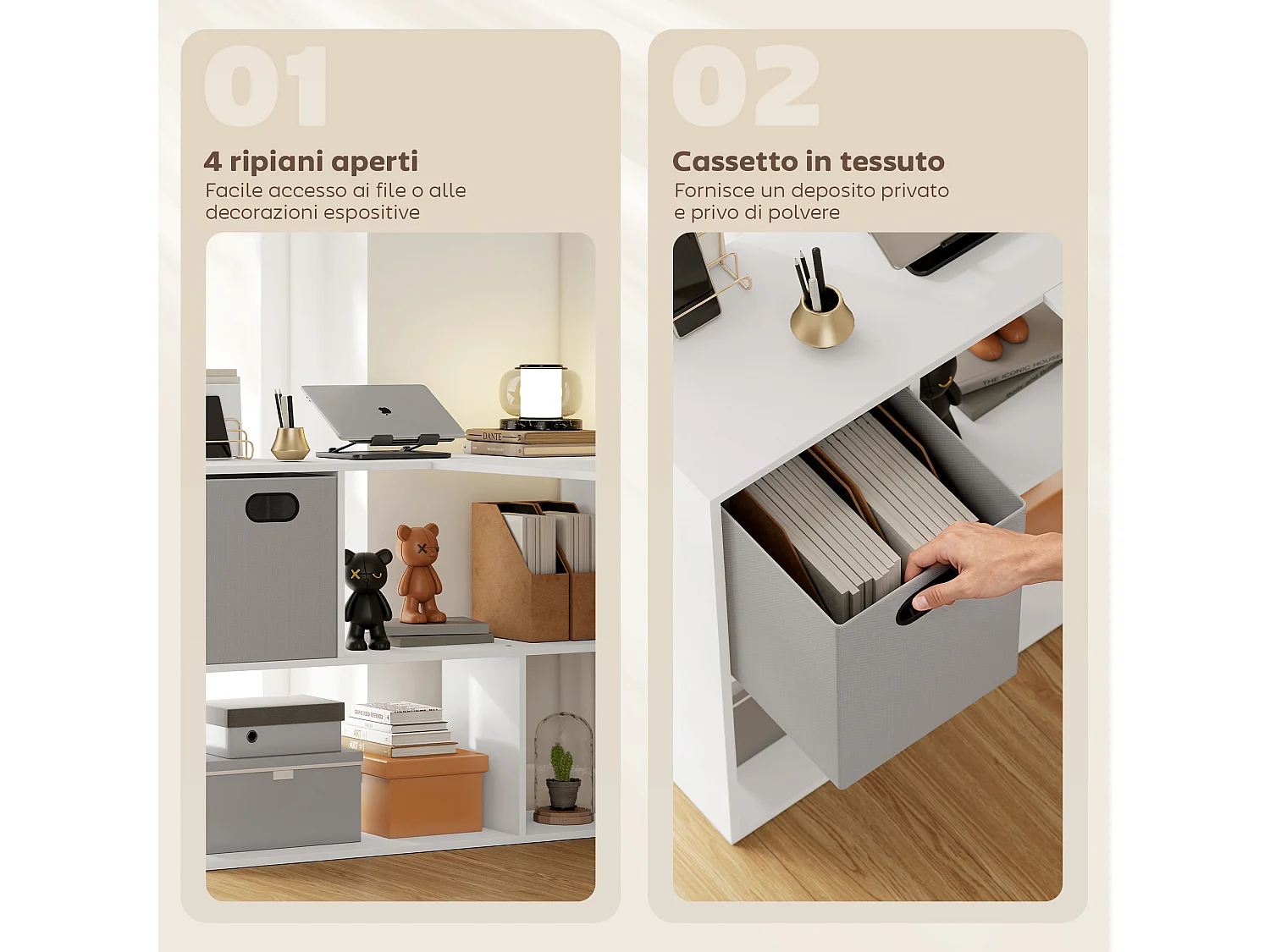 Scrivania angolare moderna con scaffale e cassetto in tessuto bianco