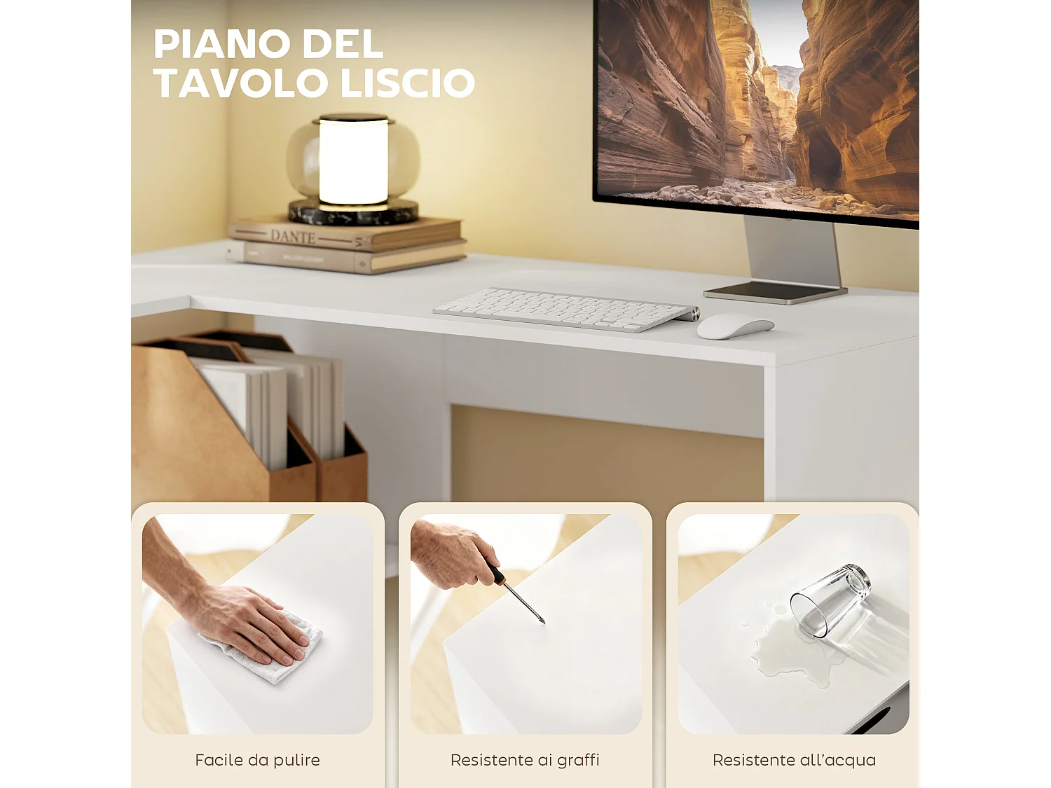 Scrivania angolare moderna con scaffale e cassetto in tessuto bianco