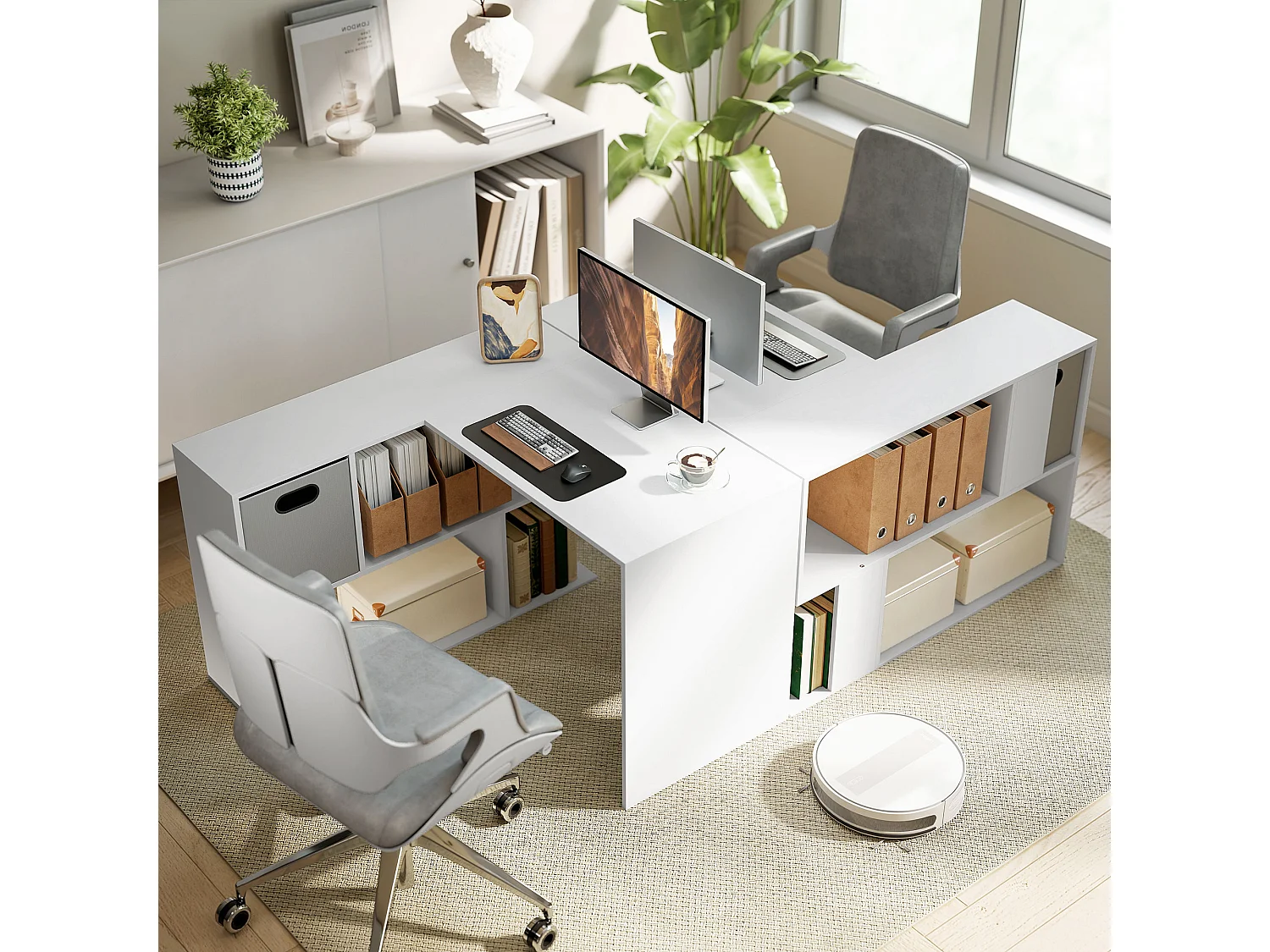 Scrivania angolare moderna con scaffale e cassetto in tessuto bianco
