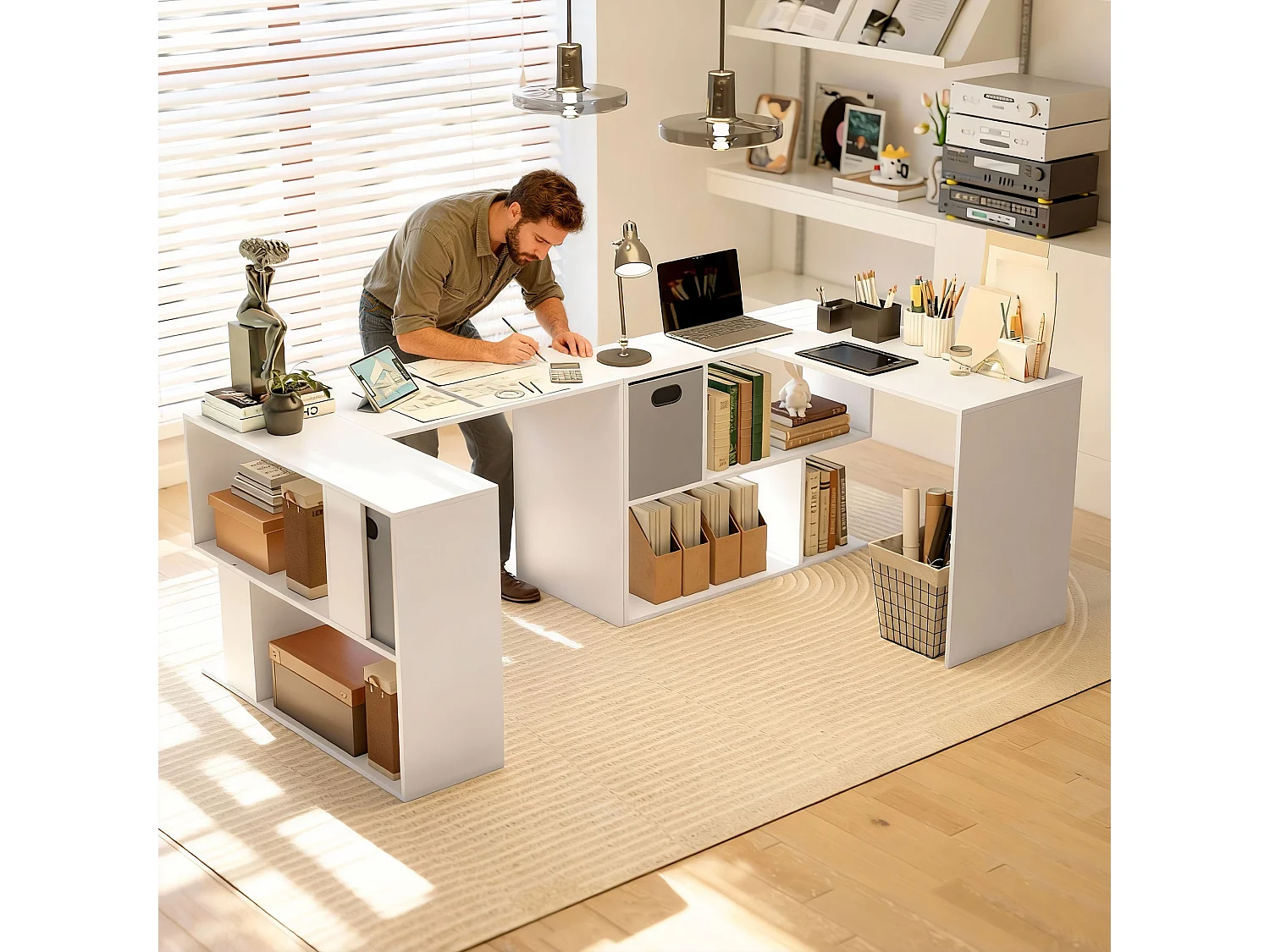 Scrivania angolare moderna con scaffale e cassetto in tessuto bianco