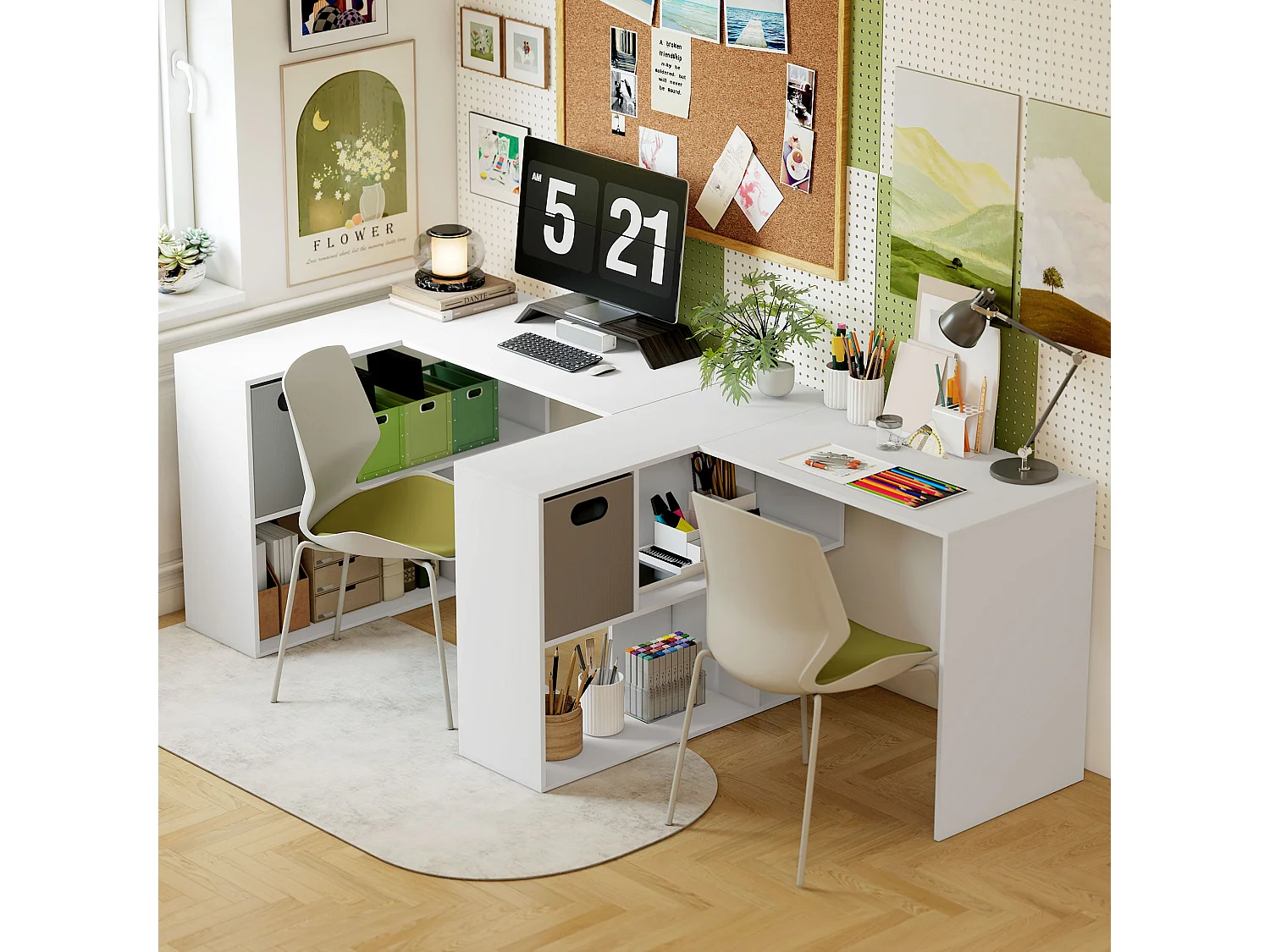 Scrivania angolare moderna con scaffale e cassetto in tessuto bianco