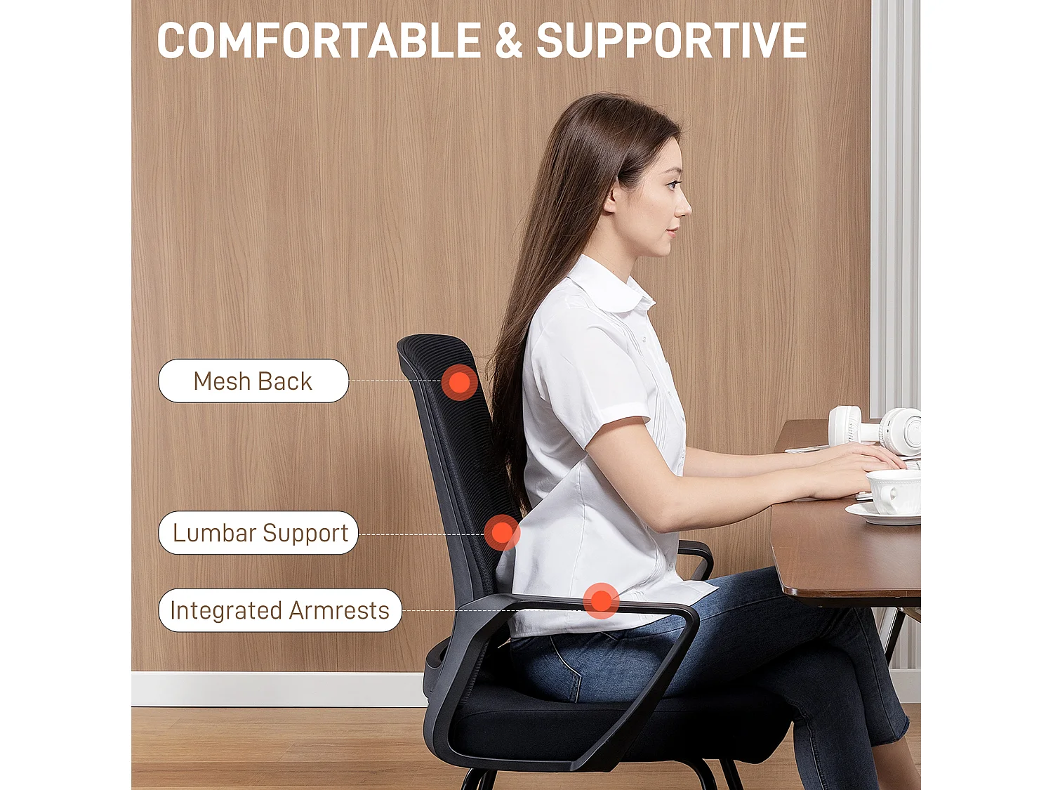 HOMCOM Sedia Ufficio Senza Ruote, Sedia Ergonomica con Braccioli per Sala d'Attesa e Sala Conferenze, Poltrona per Ospiti e Visitatori, Nero