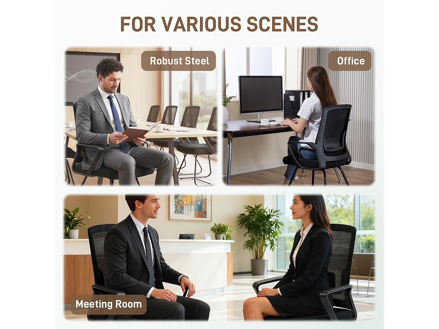 HOMCOM Sedia Ufficio Senza Ruote, Sedia Ergonomica con Braccioli per Sala d'Attesa e Sala Conferenze, Poltrona per Ospiti e Visitatori, Nero