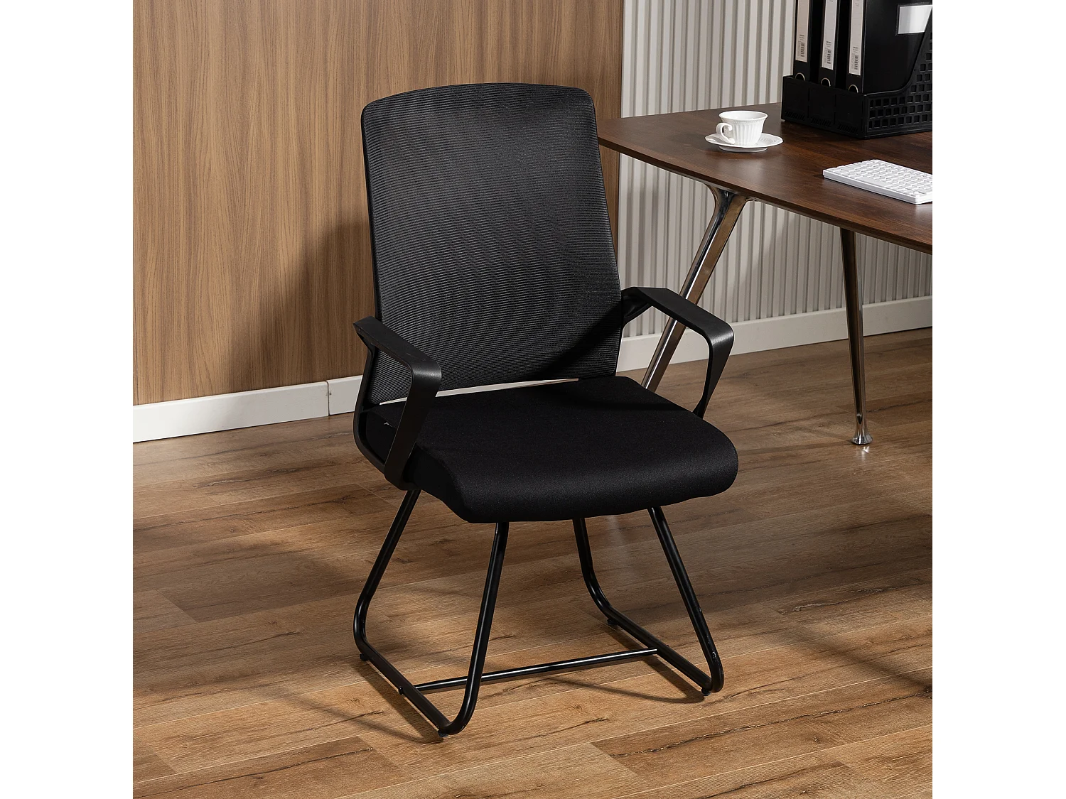 HOMCOM Sedia Ufficio Senza Ruote, Sedia Ergonomica con Braccioli per Sala d'Attesa e Sala Conferenze, Poltrona per Ospiti e Visitatori, Nero