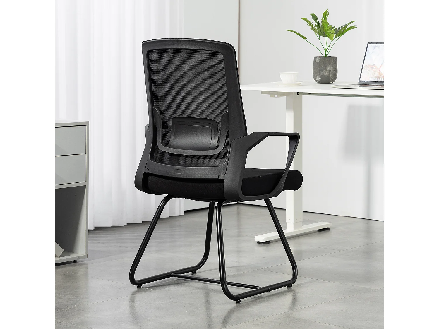 HOMCOM Sedia Ufficio Senza Ruote, Sedia Ergonomica con Braccioli per Sala d'Attesa e Sala Conferenze, Poltrona per Ospiti e Visitatori, Nero