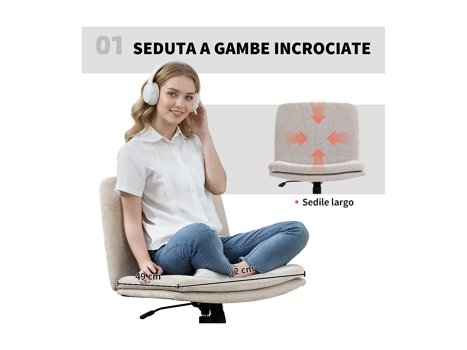 Sedia da ufficio regolabile, inclinabile e girevole in chenille beige