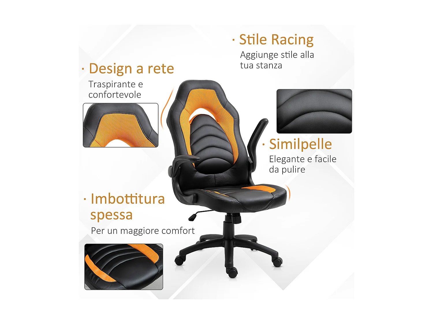 Poltrona gaming similpelle gialla braccioli pieghevoli