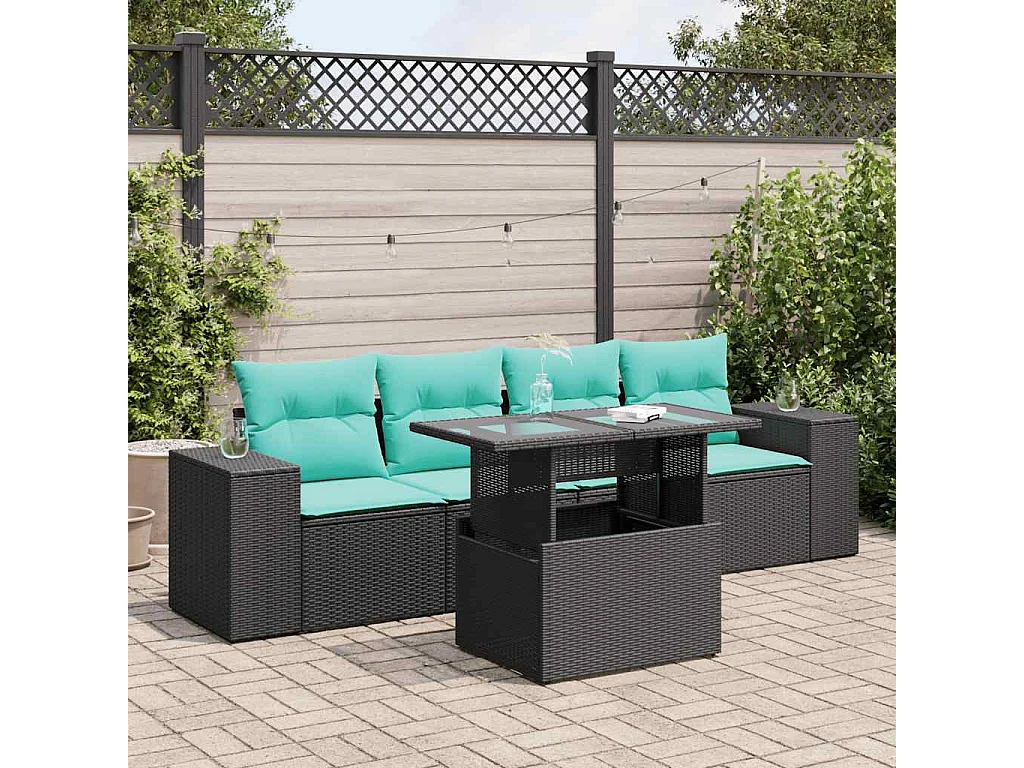 Set sofás jardín y cojines 5 piezas ratán sintético acacia negro