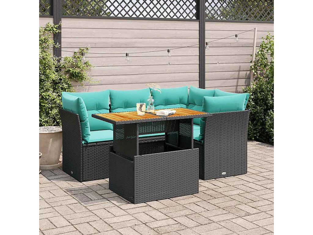 Set de muebles de jardín 5 piezas y cojines ratán sintético negro