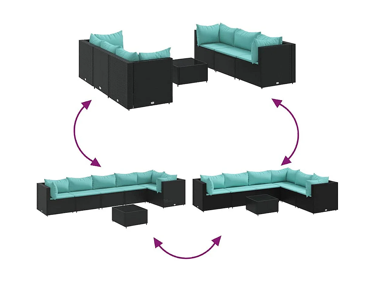 Set de muebles de jardín y cojines 7 piezas ratán sintético negro