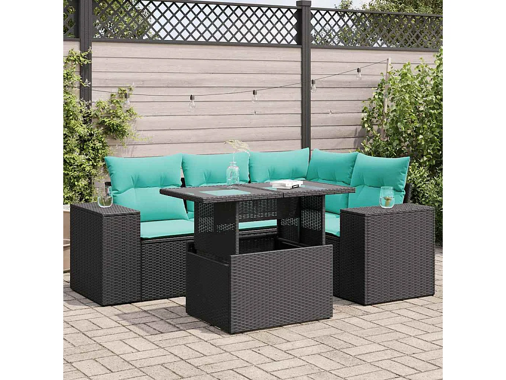 Set sofás jardín y cojines 5 piezas ratán sintético acacia negro