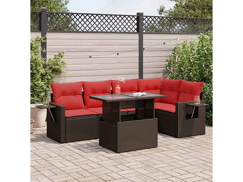 Salon de jardin avec coussins 6pièces marron résine tressée acacia