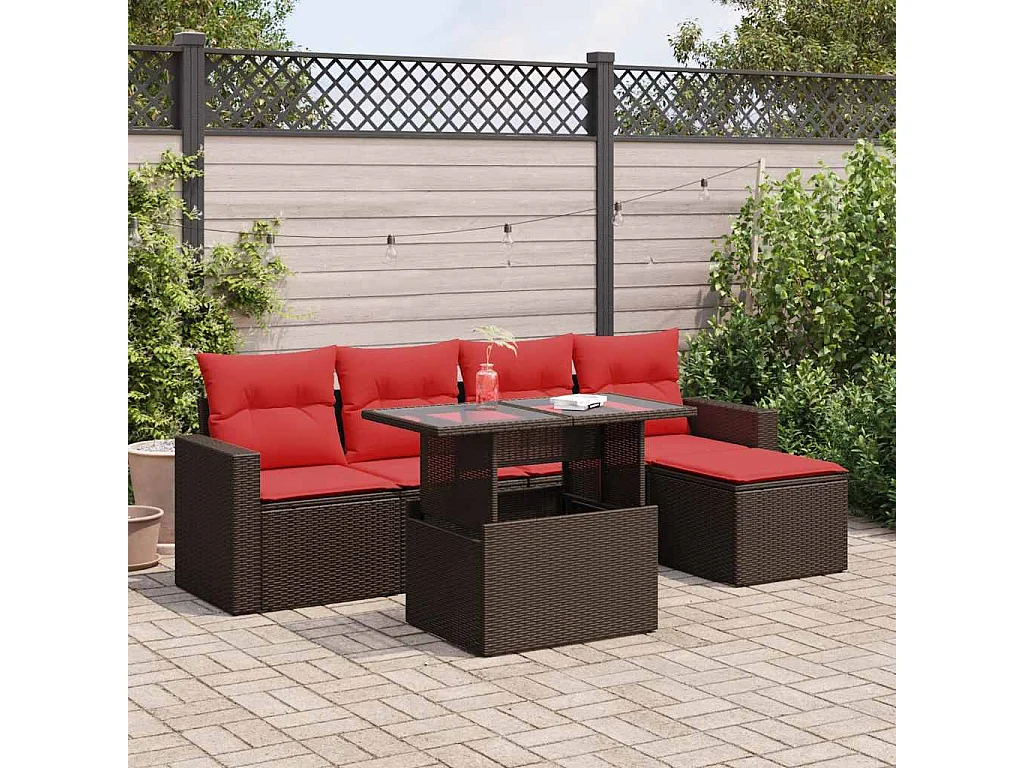 Salon de jardin avec coussins 6pièces marron résine tressée acacia