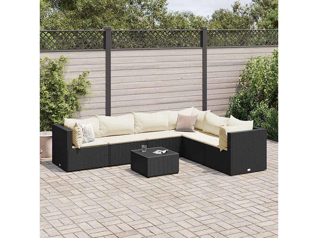 Set de muebles de jardín y cojines 7 piezas ratán sintético negro
