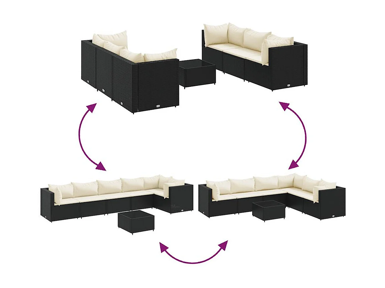 Set de muebles de jardín y cojines 7 piezas ratán sintético negro