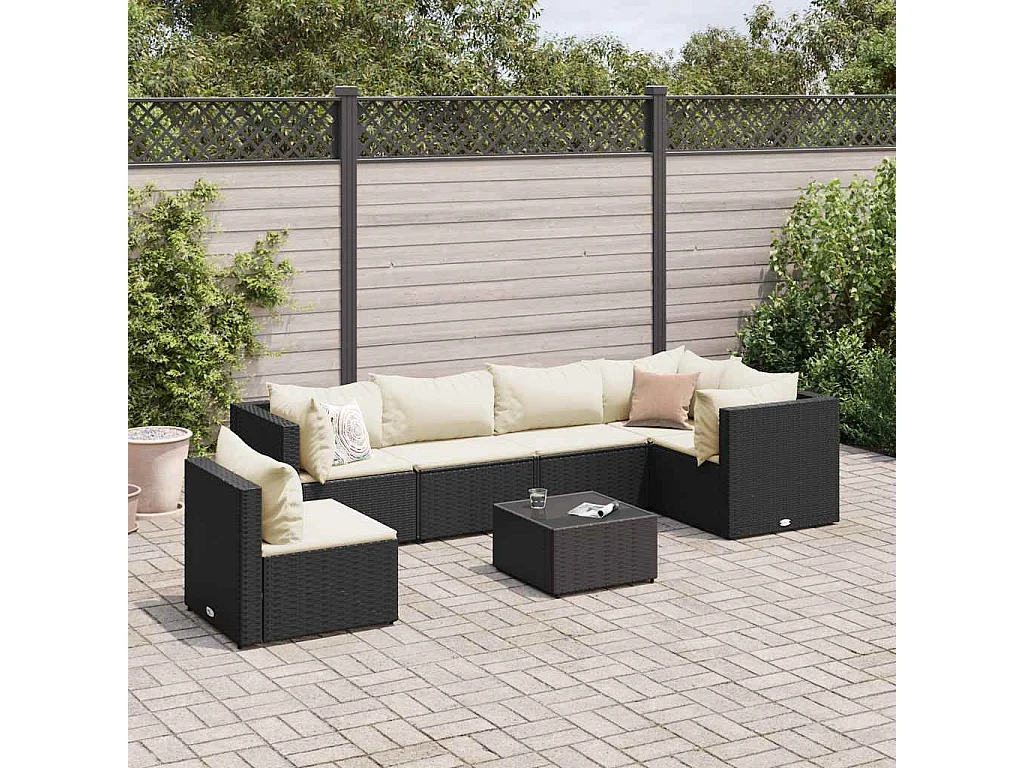 Set de muebles de jardín y cojines 7 piezas ratán sintético negro