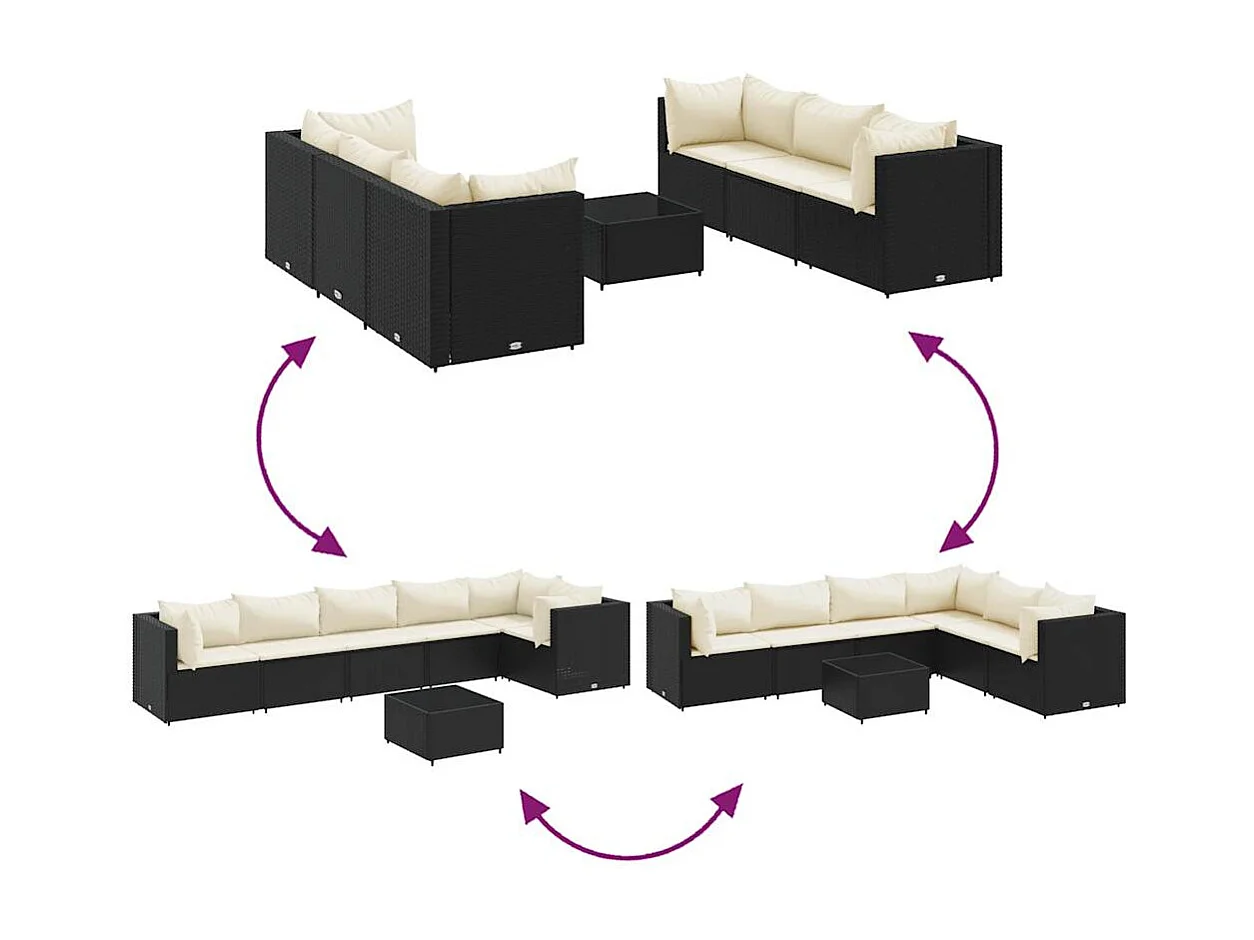 Set de muebles de jardín y cojines 7 piezas ratán sintético negro