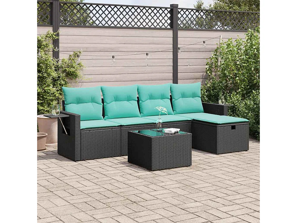 Set de sofás de jardín 6 piezas y cojines ratán sintético negro