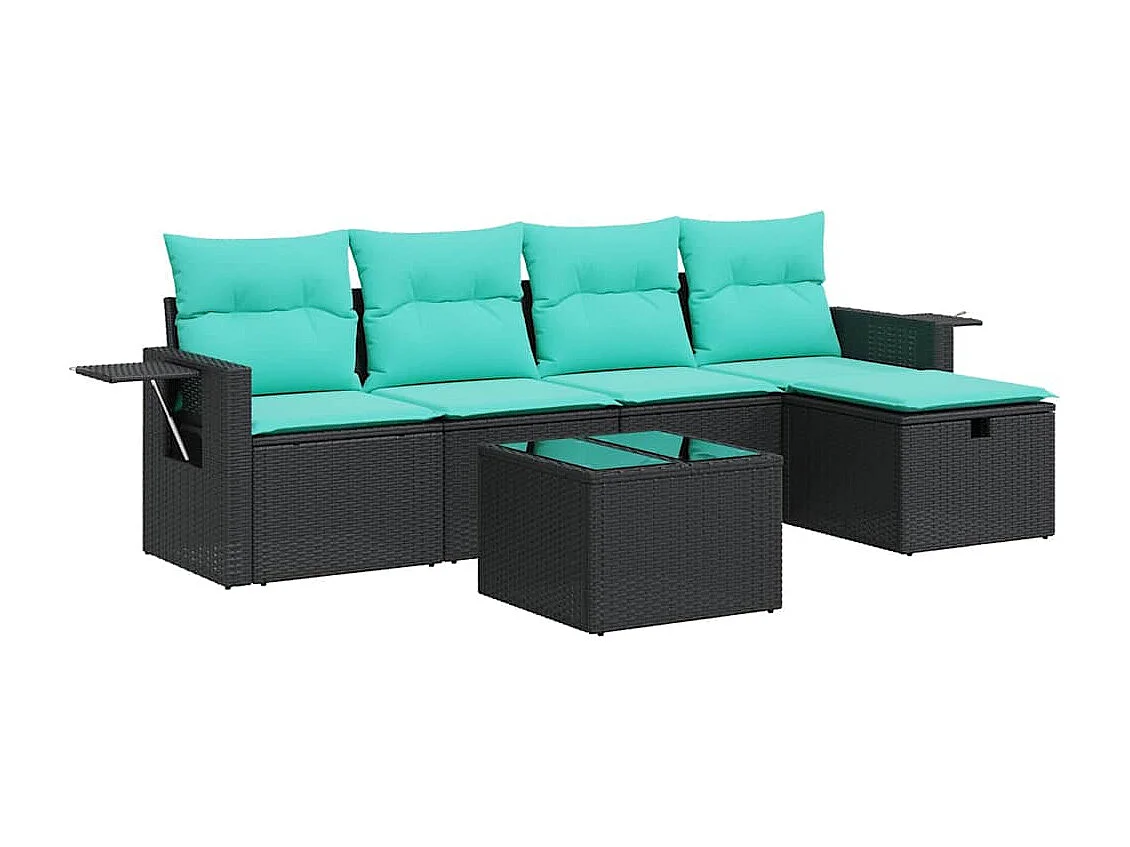 Set de sofás de jardín 6 piezas y cojines ratán sintético negro