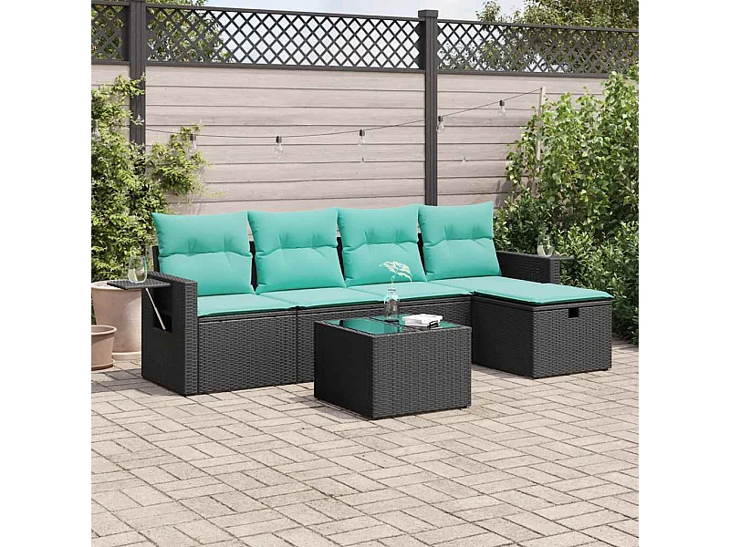 Set de sofás de jardín 6 piezas y cojines ratán sintético negro
