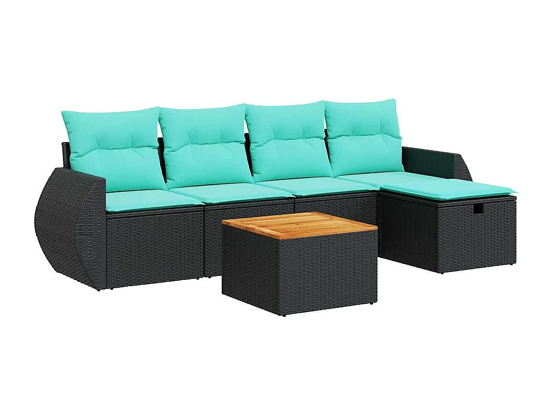 Set de sofás de jardín 6 piezas y cojines ratán sintético negro