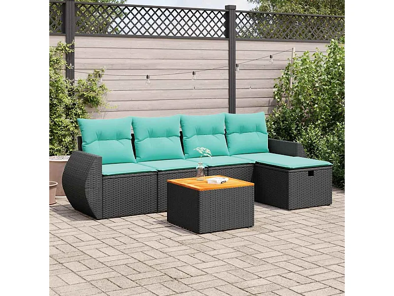 Set de sofás de jardín 6 piezas y cojines ratán sintético negro