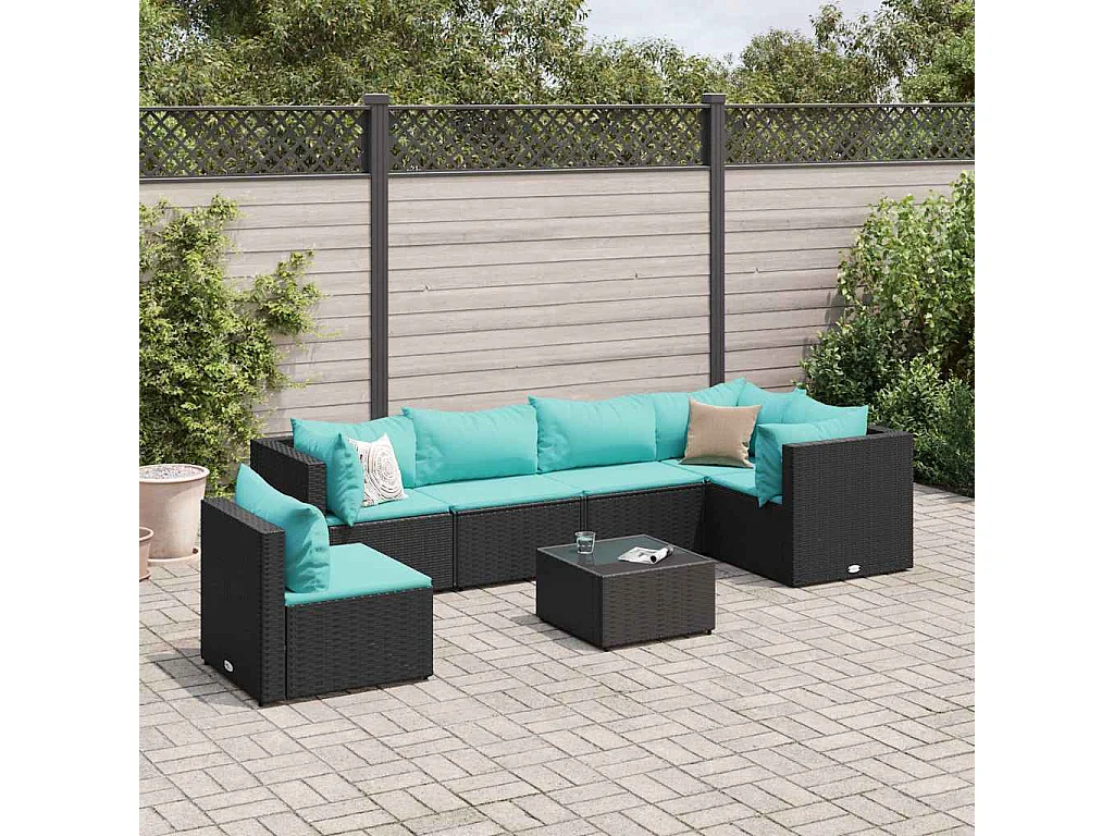 Set de muebles de jardín y cojines 7 piezas ratán sintético negro
