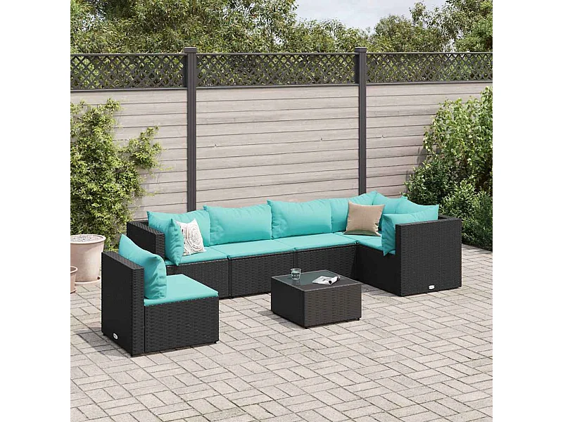 Set de muebles de jardín y cojines 7 piezas ratán sintético negro