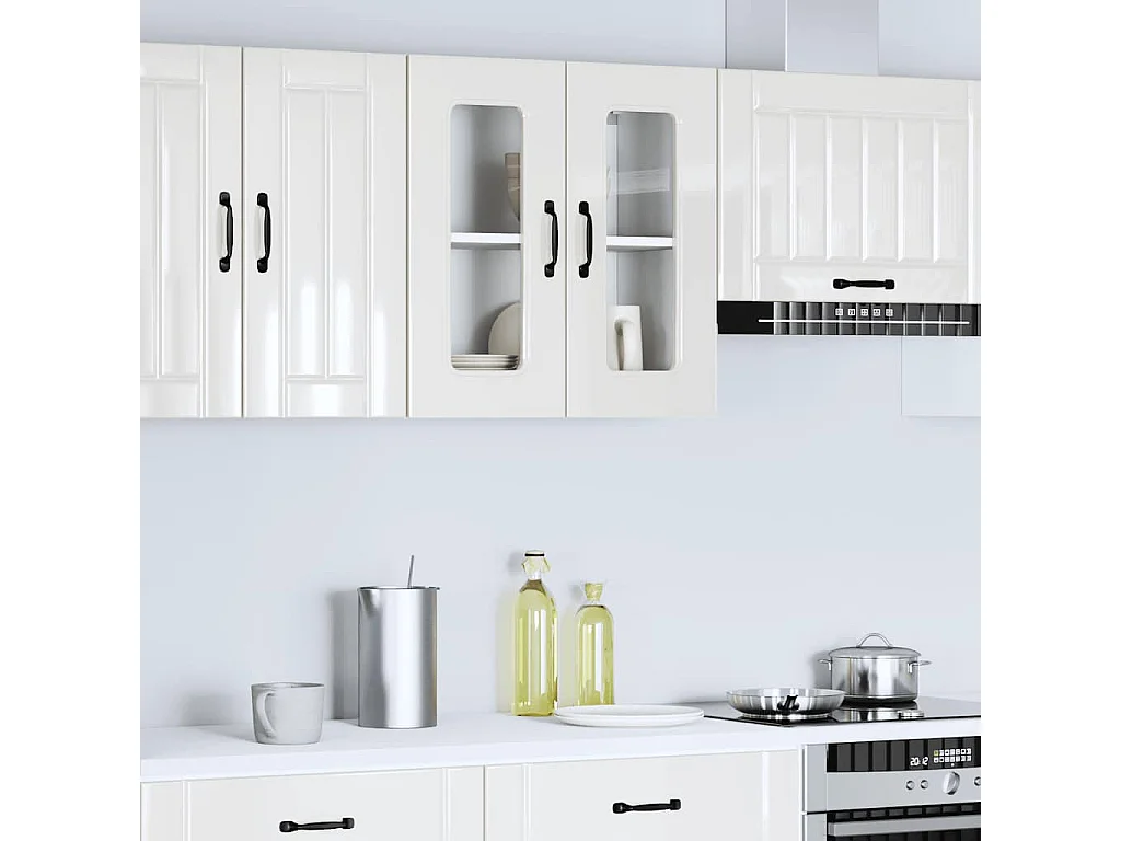 Meuble murale de cuisine avec porte vitrée Bois d'ingénierie blanc brillant