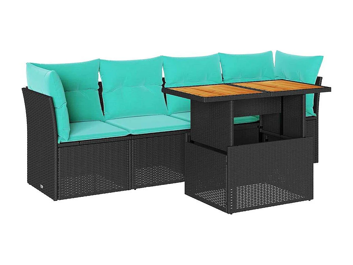 Set de muebles de jardín 5 piezas y cojines ratán sintético negro