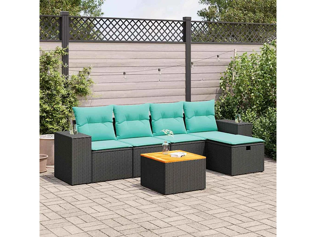 Set de sofás de jardín 6 piezas y cojines ratán sintético negro