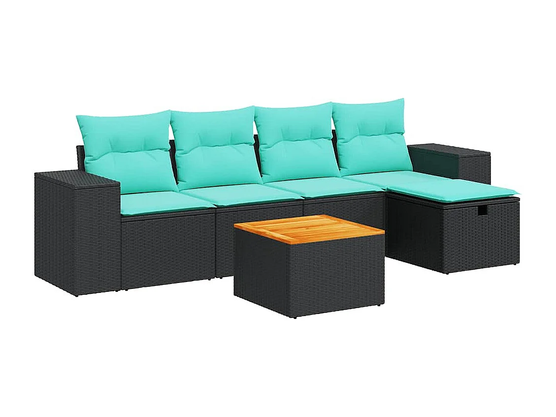 Set de sofás de jardín 6 piezas y cojines ratán sintético negro