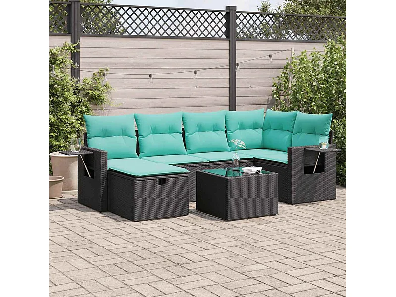 Set de sofás de jardín 7 piezas con cojines ratán sintético negro
