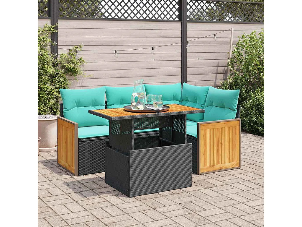 Set sofás jardín y cojines 5 piezas ratán sintético acacia negro