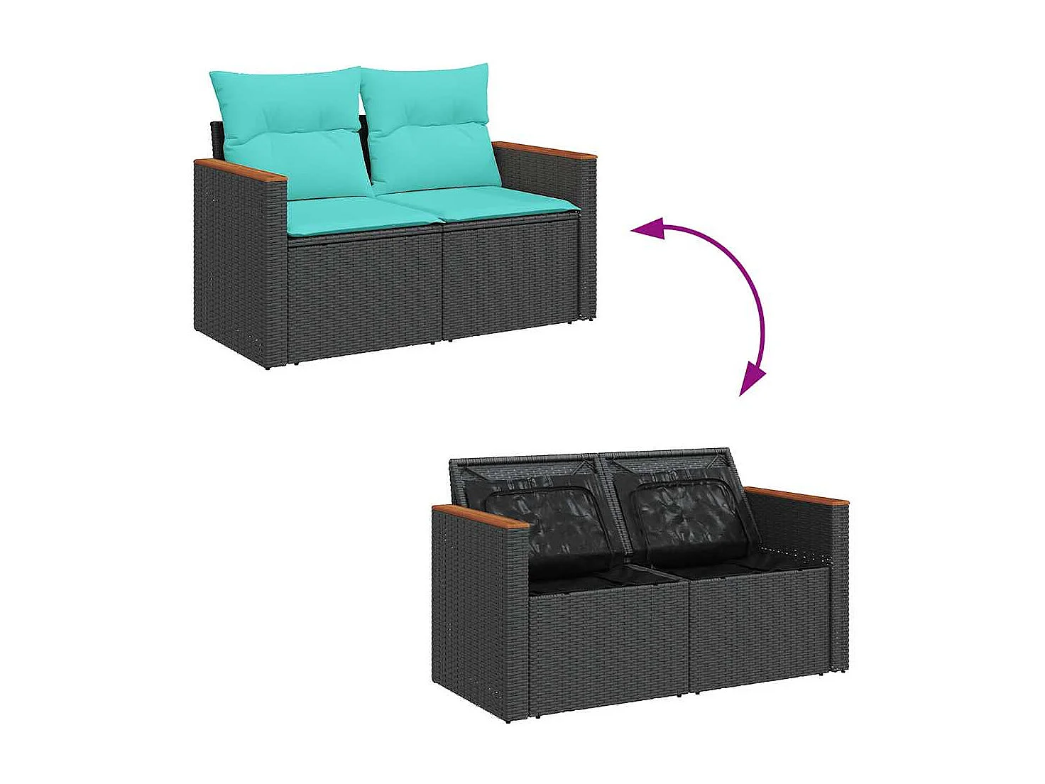 Set de sofás de jardín 6 piezas y cojines ratán sintético negro