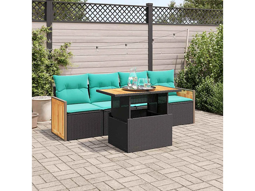 Set sofás jardín y cojines 5 piezas ratán sintético acacia negro