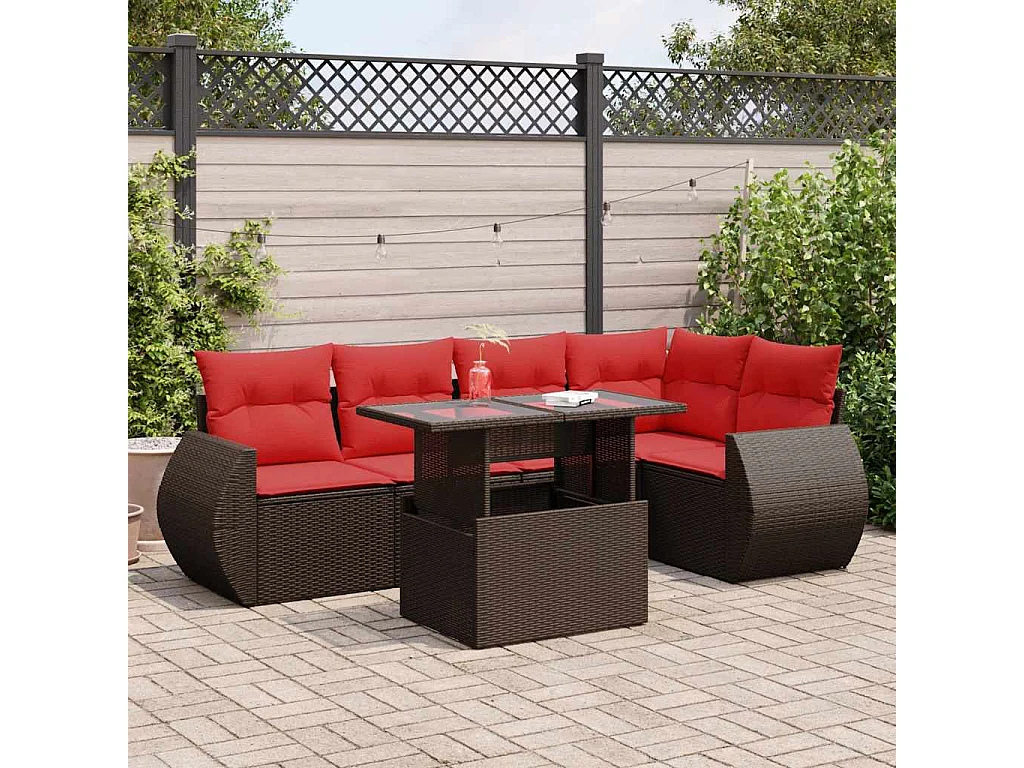 Salon de jardin avec coussins 6pièces marron résine tressée acacia