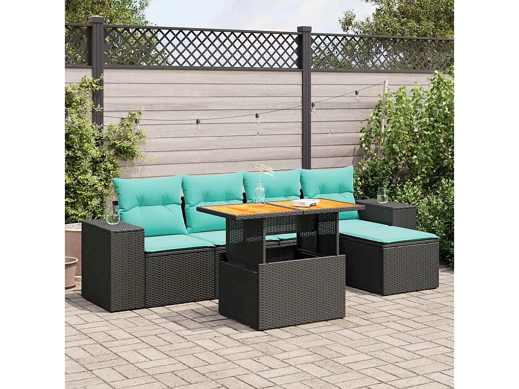 Set de sofás de jardín 6 piezas y cojines ratán sintético negro