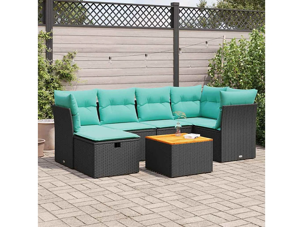 Set de sofás de jardín 7 piezas con cojines ratán sintético negro