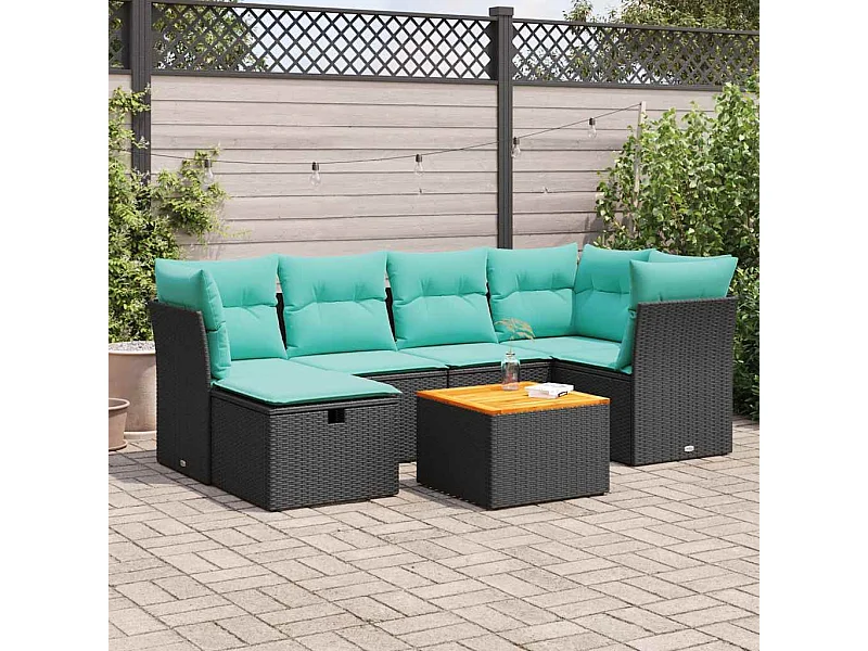 Set de sofás de jardín 7 piezas con cojines ratán sintético negro