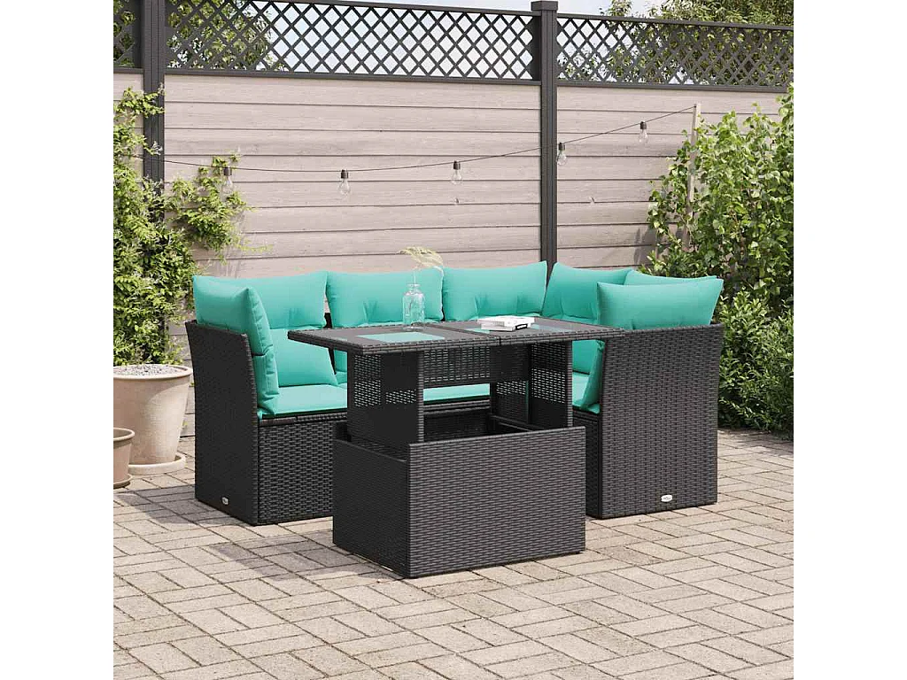 Set sofás jardín y cojines 5 piezas ratán sintético acacia negro