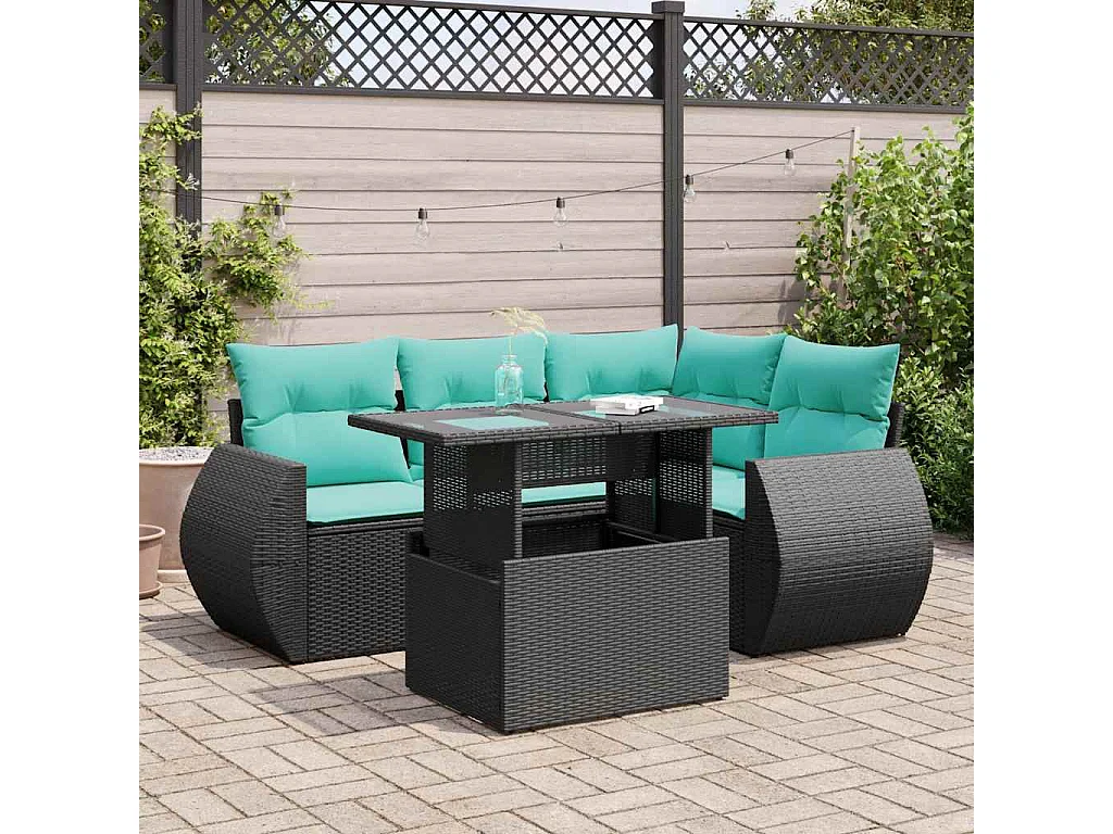 Set sofás jardín y cojines 5 piezas ratán sintético acacia negro