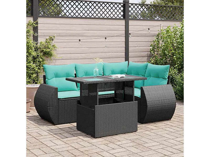 Set sofás jardín y cojines 5 piezas ratán sintético acacia negro