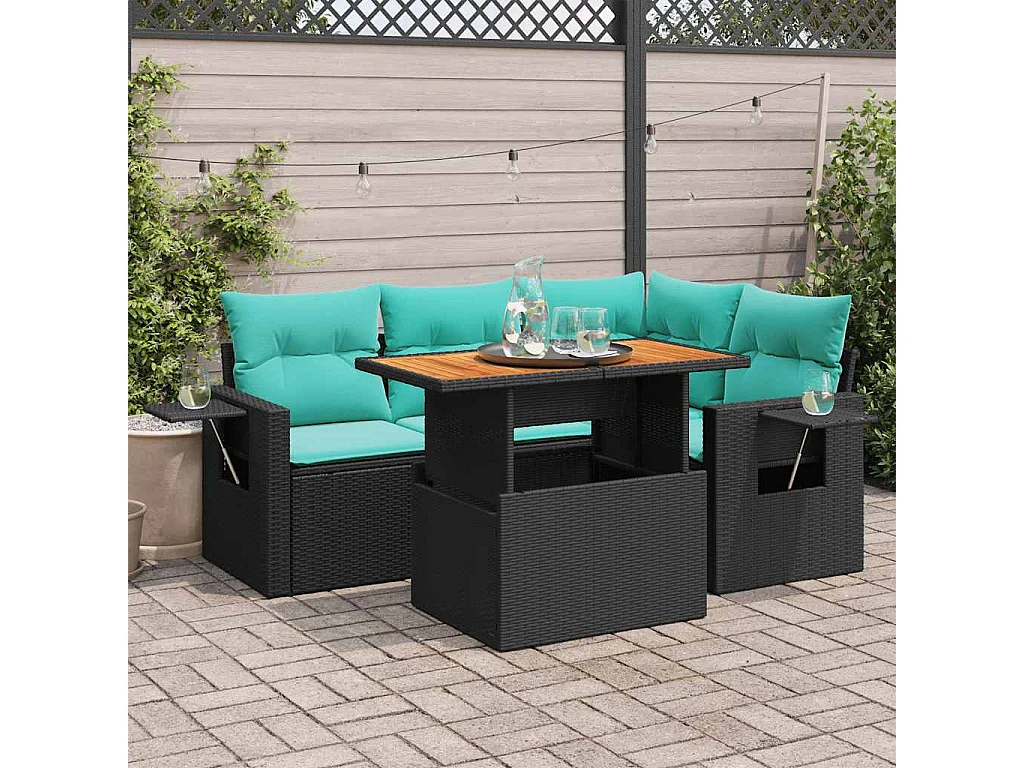 Set de muebles de jardín 5 piezas y cojines ratán sintético negro